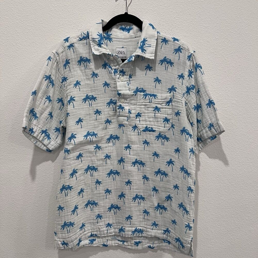 Zara Men’s Short Sleeve Gauze Shirt Palm Tropical Print Medium Preppy